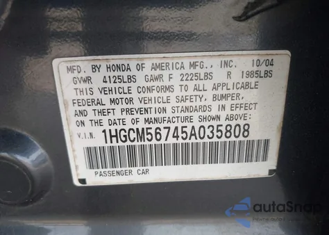 2005 Honda Accord Ex from USA, damaged, VIN 1HGCM56745A035808